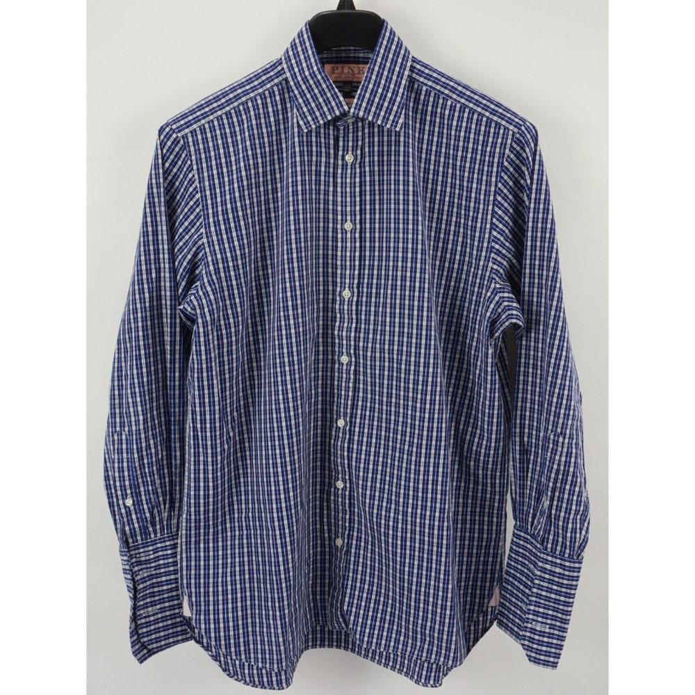 Thomas Pink Men's 16-34.5 Blue White Plaid Broadcloth French Cuff Dress Shirt